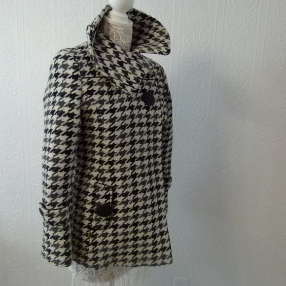 SOLD SOIA & KYO Houndstooth in Black / White/ gray coat jacket L missing button - Picture 2 of 8